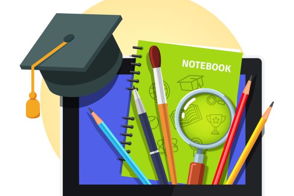 Modern college and university education concept. Student cap on tablet computer with sticking textbook, writing tools and magnifying glass. Flat style vector illustration isolated on white background